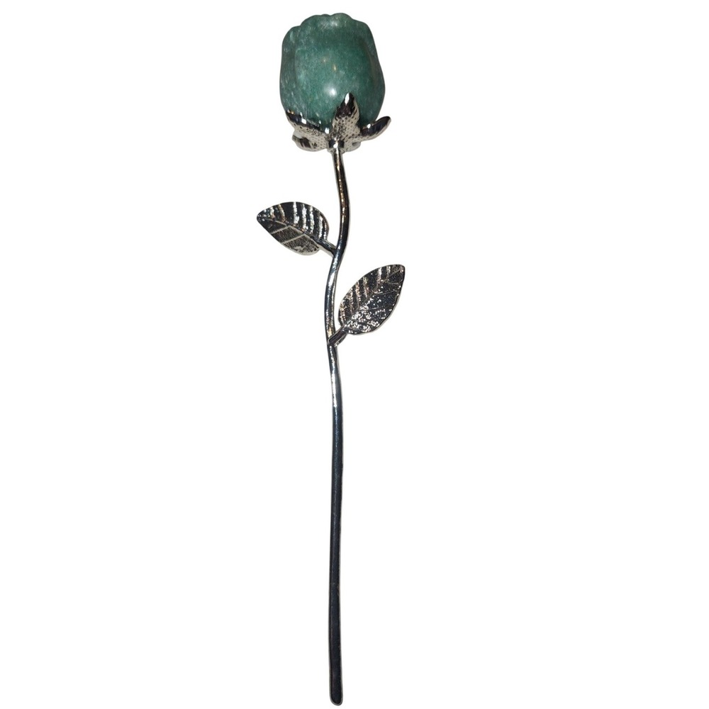 Green Aventurine Carved Rose Hair Stick Silver Tone Gemstone Flower Hair Pin